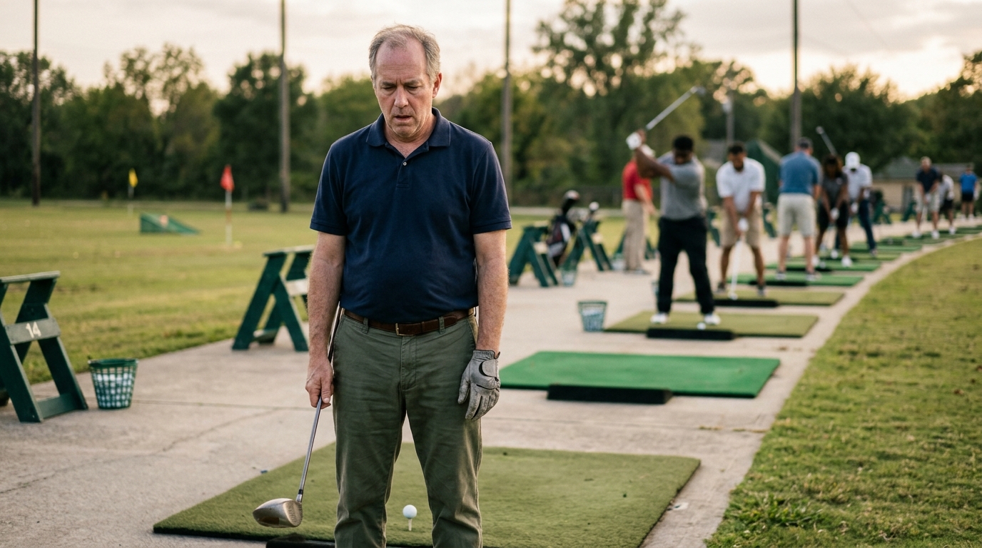 A frustrated golfer on the driving range